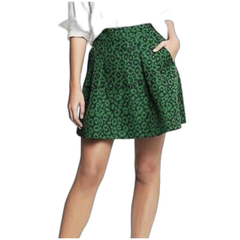 BANANA REPUBLIC Woven Jacquard Leopard Green Black Flared Pleated Mini Skirt 2